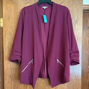 Burgundy Open Front Blazer with Faux Zippers